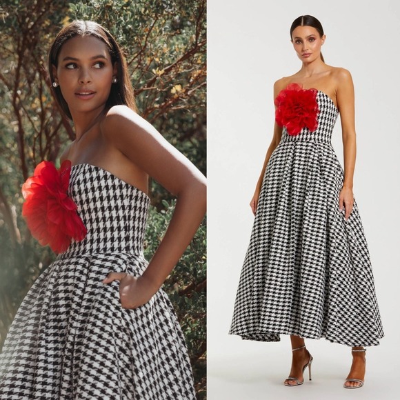 Mac Duggal Dresses & Skirts - NWT Mac Duggal Ieena‎ Black White Strapless Boucle A Line Midi Dress W/3D Flower